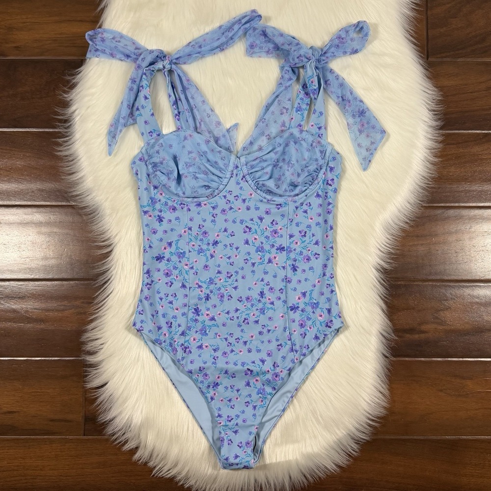 Beach Riot Women's Size Medium Blue Floral Iris Petal Dede One Piece Swim Suit